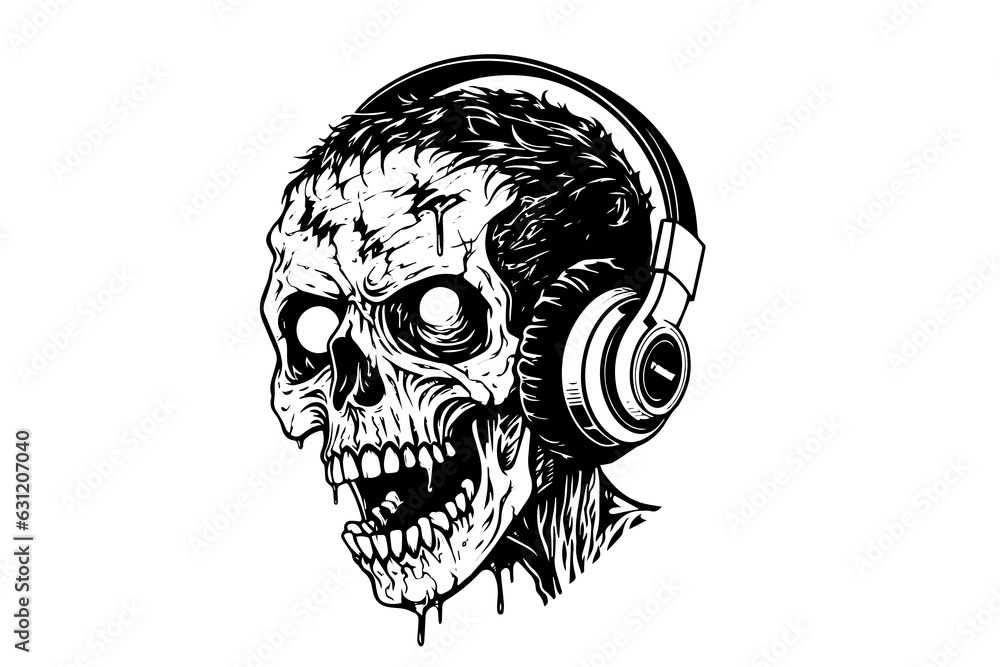 Fototapeta premium Zombie head on headphones ink sketch. Walking dead hand drawing vector illustration.