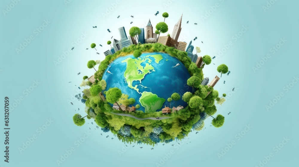Symbolic image of the globe with elements of human activity and nature. Environment, save clean planet, ecology concept. Saving nature for future generations. Earth Day banner with copy space. Symbolic image of the globe with elements of human activity and nature. Environment, save clean planet, ecology concept. Saving nature for future generations. Earth Day banner with copy space.