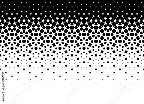 Geometric pattern of black stars on a white background.Seamless in one direction.Option with an average fade out.