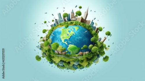 Symbolic image of the globe with elements of human activity and nature. Environment, save clean planet, ecology concept. Saving nature for future generations. Earth Day banner with copy space.