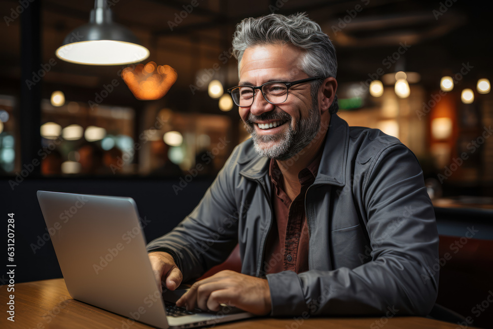 Happy man in a jacket working at a laptop, achieving success. Business concept and achieving goals, success. Generative Ai. Happy man in a jacket working at a laptop, achieving success. Business concept and achieving goals, success. Generative Ai.