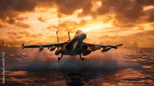 F-16 air force fighter flying over the ocean at low altitude, beautiful sunset over horizon on the background. Jet military aircraft patrols territory, makes training flight. Aerial view. 3D rendering