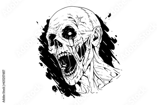 Zombie head or face ink sketch. Walking dead hand drawing vector illustration.