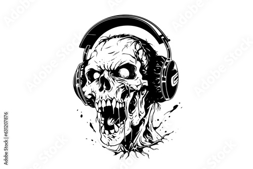 Zombie head on headphones ink sketch. Walking dead hand drawing vector illustration.