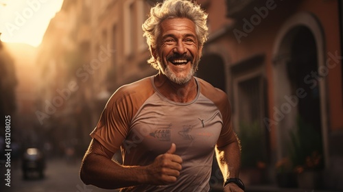 senior man is jogging for health in the morning sunrise.