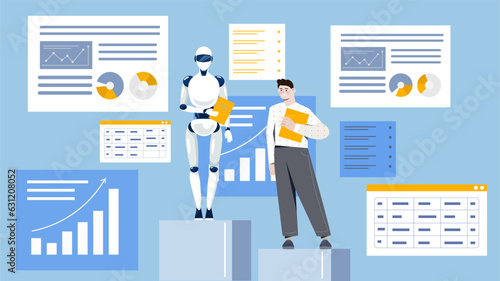 Analyzing statistics graphs with ai concept. Man and bot near graphs and charts. Modern technologies and digital world. Machine learning and artificial intelligence. Cartoon flat vector illustration