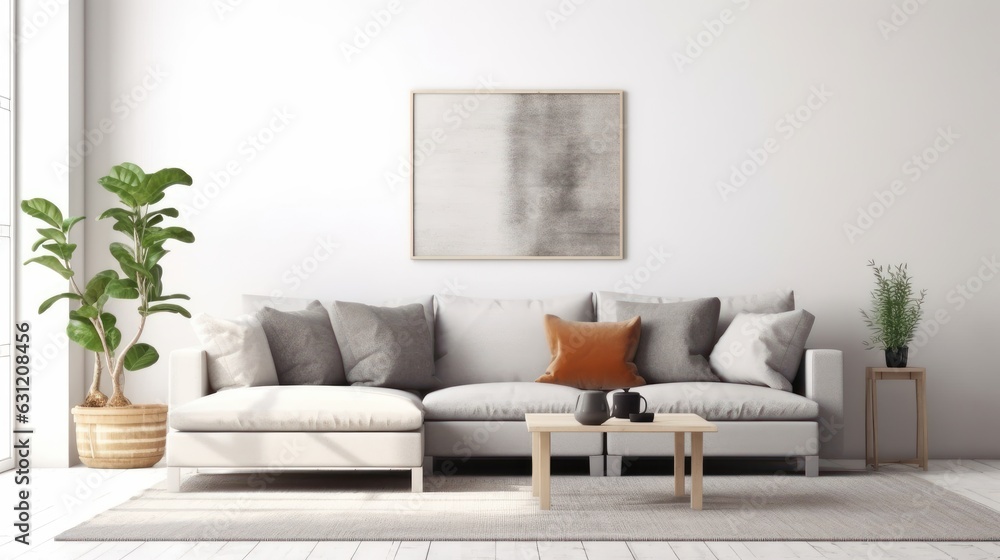 Front view of a modern luxury living room in light colors. White wall with poster template, comfortable sofa with cushions, coffee table, green plants in pots, home decor. Mockup, 3D rendering.