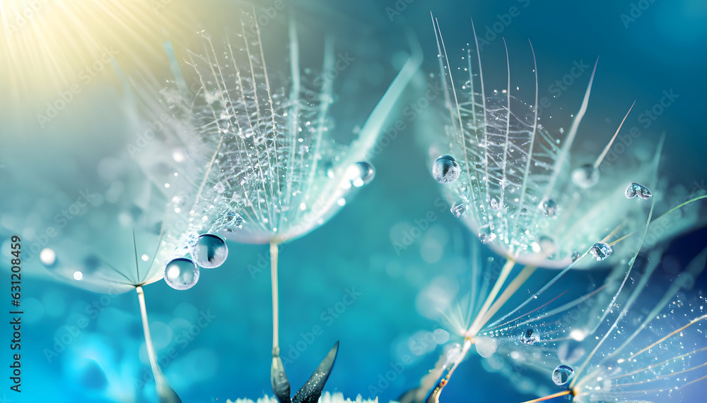 Blue Water drops on dandelion seeds - obrazy, fototapety, plakaty 