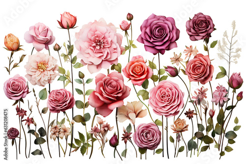 a collection of a variety size of rose flowers on a white background PNG
