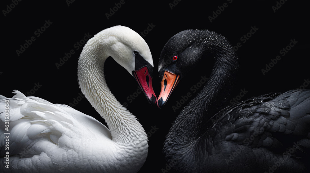Fototapeta premium White and black swan making a heart shape