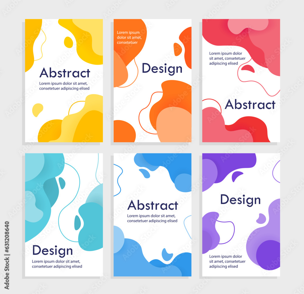 Set of abstract posters. Minimalist creativity and art. Flyer and leaflet, booklet. Colorful gradient and fluid organic drops. Cartoon flat vector collection isolated on white background