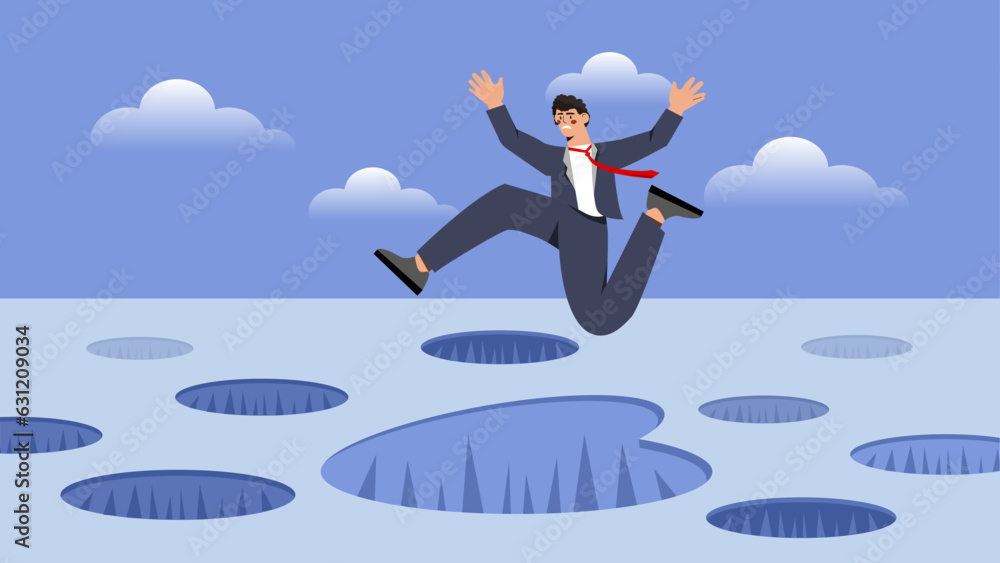 Business man jumps over pits concept. Successful entrepreneur with business difficulties and obstacles. Financial literacy and passive income. Cartoon flat vector illustration