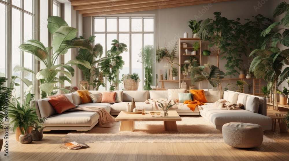 Cozy elegant boho style living room interior in natural colors. Comfortable corner couch with cushions, ottoman, many houseplants, wooden coffee table, rug on wooden floor, home decor. 3D rendering.