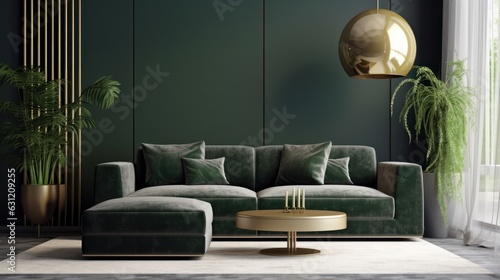 Front view of a modern luxury living room in green colors. Empty wall, comfortable sofa with cushions, ottoman, coffee table, green plants in floor pots, stylish pendant light. Mockup, 3D rendering.