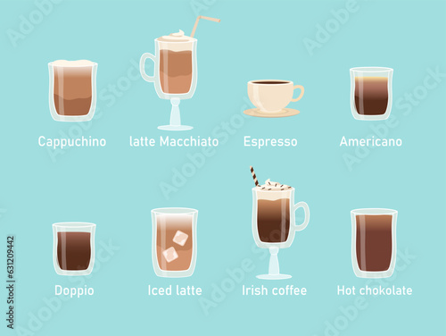 Coffee menu set. Cappuccino, espresso, americano and latte. Hot drinks. Menu cafe or restaurant. Poster or banner for website. Cartoon flat vector collection isolated on blue background