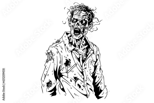 Zombie ink sketch. Walking dead hand drawing vector illustration.