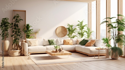 Cozy elegant minimalist living room interior in natural colors. Comfortable corner couch with cushions, many houseplants, wooden coffee table, rug on the floor, home decor. 3D rendering. © Georgii