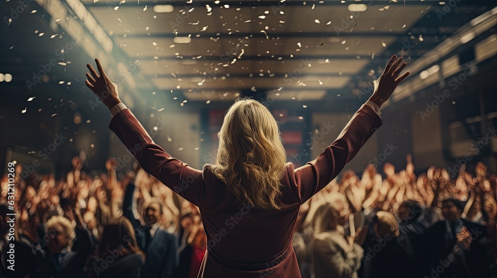 success motivation encourage power support attractive powerful female speaker hand riseup cheering all people in convetion hall to stay strong together with golden glitter confetti paper ,ai generate - obrazy, fototapety, plakaty 