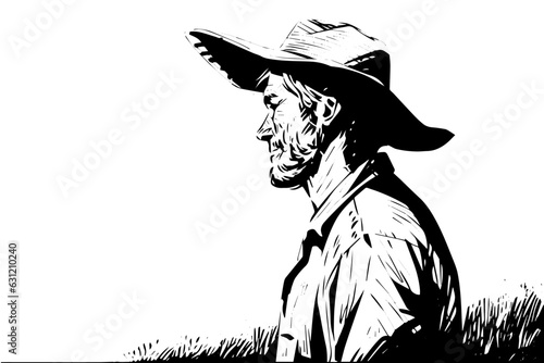 Happy farmer in hat with the harvest in hand engraving style. Hand drawn ink sketch. Vector logotype illustration.