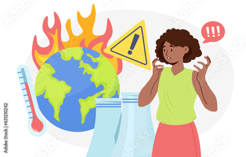 Woman with global warming concept. Caring for ecology and environment. Young girl thinks about global economic problems. Factories against backdrop of burning planet. Cartoon flat vector illustration