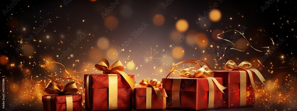 Christmas background template mock up golden decorate shiny balls and a bow on a present gift against an old wood background and defocused lights bokeh celebrate festive ideas,ai generate Christmas background template mock up golden decorate shiny balls and a bow on a present gift against an old wood background and defocused lights bokeh celebrate festive ideas,ai generate