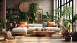 Cozy elegant boho style living room interior in natural colors. Comfortable corner couch with cushions, many houseplants, wooden coffee table, rug, wall shelves, home decor. 3D rendering.
