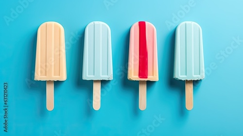 Colorful popsicles on blue background. Top view, flat lay, banner copy space, summer concept, ai generative