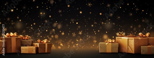 Christmas background template mock up golden decorate shiny balls and a bow on a present gift against an old wood background and defocused lights bokeh celebrate festive ideas,ai generate