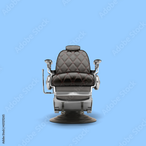 Retro black leather barber chair with chrome inserts flront view 3d render on blue background