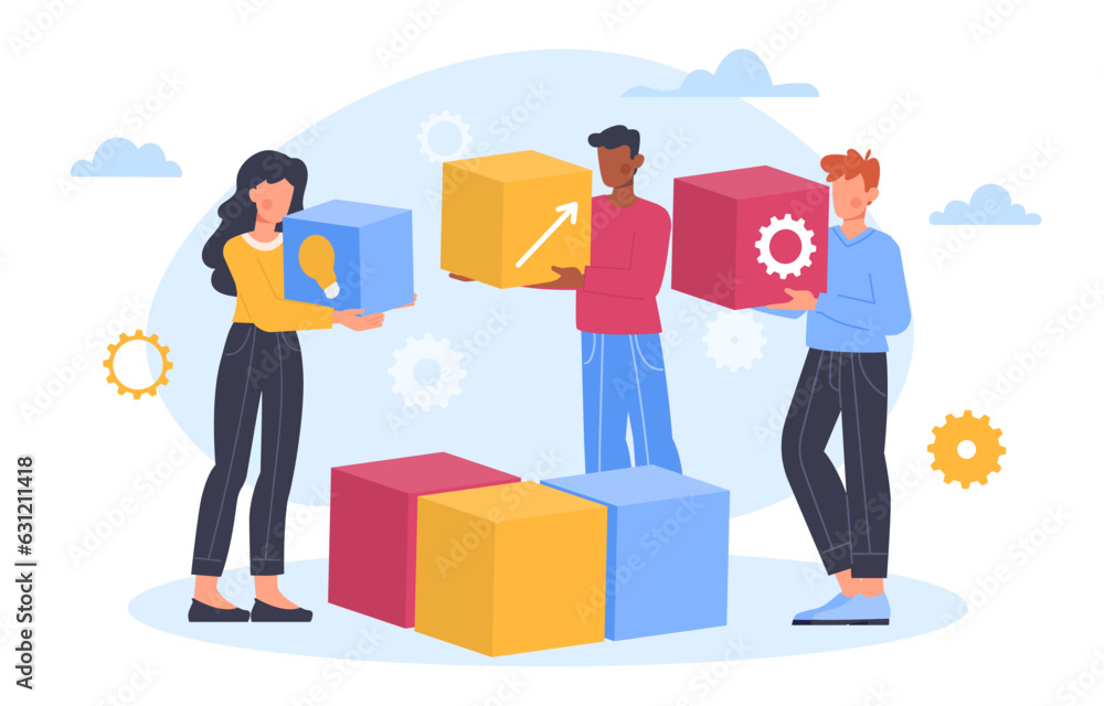 People with joint work concept. Men and women with colorful cubes. Colleagues and partners working on common project. Collaboration and cooperation. Cartoon flat vector illustration People with joint work concept. Men and women with colorful cubes. Colleagues and partners working on common project. Collaboration and cooperation. Cartoon flat vector illustration