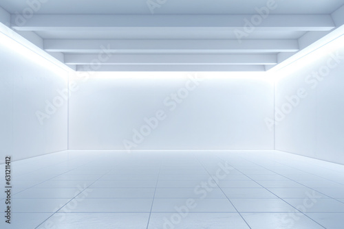futuristic white room with neon lights. Blank and empty with copy space,