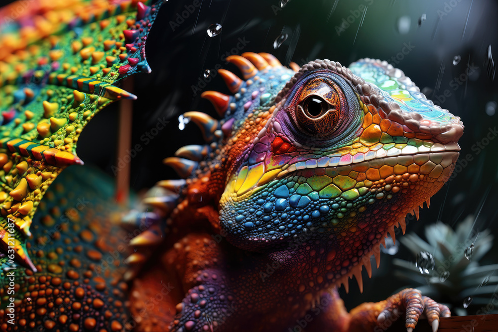 Obraz premium Colorful chameleon under a multi-colored umbrella in rainy weather, close up.