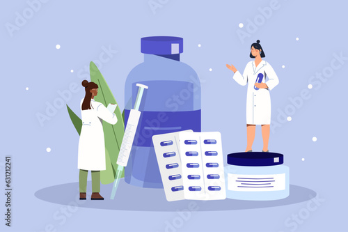 Team of pharmacist with pills concept. Women in medical uniform near plastic bottle and blister with drugs. Healthcare and medicine, treatment. Poster or banner. Cartoon flat vector illustration