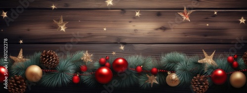 christmas ornate decorative festive elemant backdrop design xmas greeting with golden shiny bauble ball set in wooden floow with copyspace,ai generate