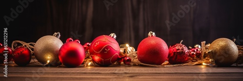 christmas ornate decorative festive elemant backdrop design xmas greeting with golden shiny bauble ball set in wooden floow with copyspace,ai generate photo