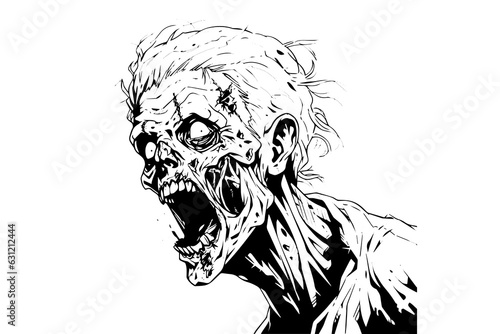 Zombie head or face ink sketch. Walking dead hand drawing vector illustration.