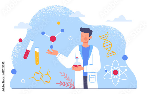 Man scientist concept. Young guy in medical uniform studies structure of atom and molecule. Physics and biology, educational materials. Scientific research. Cartoon flat vector illustration