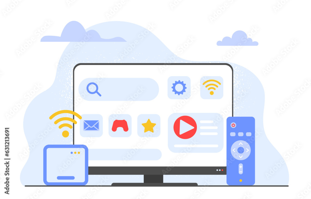 Smart TV concept. Modern technologies and innovations, gadget and device. Television with remote controller and wireless connection. WIFI and network. Cartoon flat vector illustration