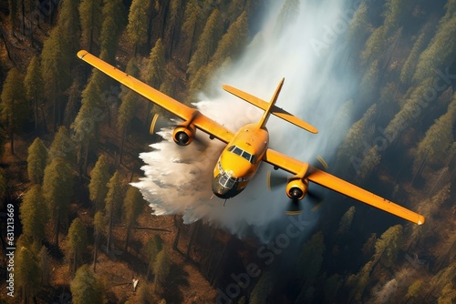 Rescue firefighting aircraft extinguish a forest fire by dumping water on a burning coniferous forest. Saving forests, fighting forest fires. Bird's-eye front view, pine forest backdrop. 3D rendering.
