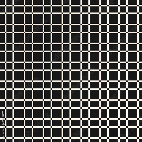 Vector square grid seamless pattern. Abstract black and white geometric texture with lattice, grill, lines, squares, repeat tiles. Dark checkered background. Simple repeated design for decor, print