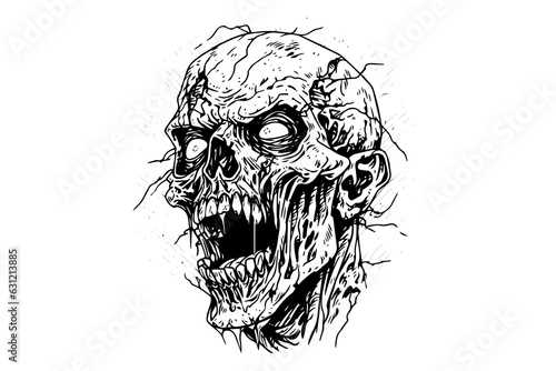 Zombie head or face ink sketch. Walking dead hand drawing vector illustration.