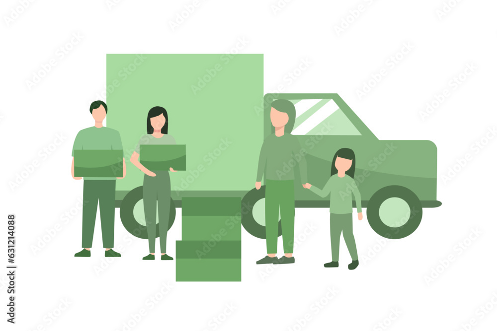 Obraz premium Vector illustration of Humanitarian aid concept. Team of volunteers giving help boxes to refuges and humanitarian aid van. Material assistance, governmental help concept.
