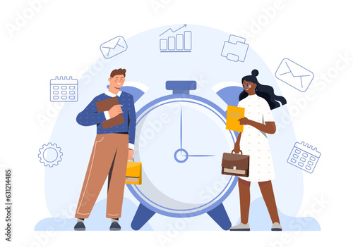 People with time management concept. Man and woman with documents standing near large clocks. Deadline and goal setting. Organization of effective workflow. Cartoon flat vector illustration