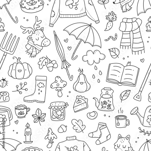 Seamless cozy autumn pattern with cute doodles. Vector illustration background.