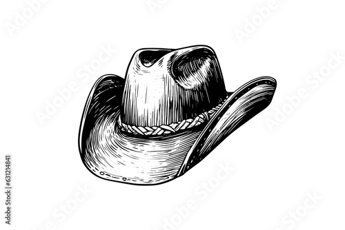 Cowboy or sheriff or farmer hat in engraving style. Hand drawn ink sketch. Vector illustration.