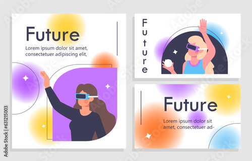 Virtual technologies posters set. Women in vr glasses. Modern technologies and digital world. Gadget for games and education. Cartoon flat vector collection isolated on grey background