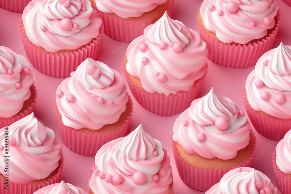 Cupcakes on pink background seamless pattern, sweet creamy tile ornament, cupcake with cream swirl repeat texture for wrapping paper or textile print. 3d render cartoon illustration style. Cupcakes on pink background seamless pattern, sweet creamy tile ornament, cupcake with cream swirl repeat texture for wrapping paper or textile print. 3d render cartoon illustration style.