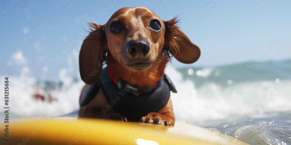 Dachshund dog surfing in the sea. Generative AI.