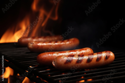 Cooking sausages on the grill. Generative AI.