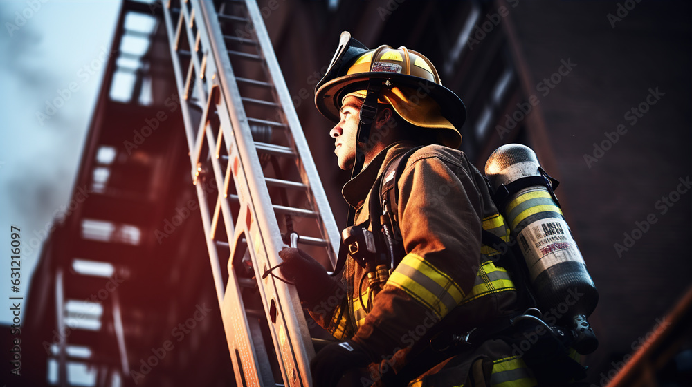 a firefighter is seen confidently ascending a tall ladder to reach a high-rise building. Their focus is unwavering as they prepare to tackle the fire from an elevated position - obrazy, fototapety, plakaty 